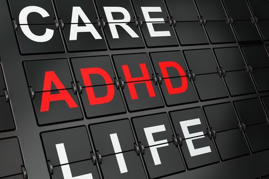 Healthcare concept: ADHD on airport board background, 3d render 