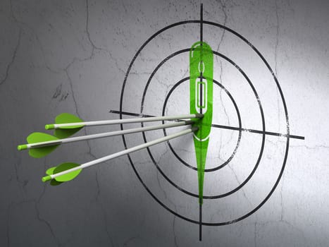 Success Health concept: arrows hitting the center of Green Thermometer target on wall background