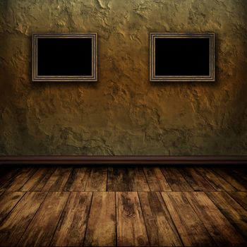 Dark vintage room with wooden floor and old frames on the wall