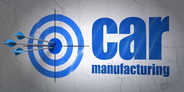 Success Industry concept: arrows hitting the center of target, Blue Car Manufacturing on wall background
