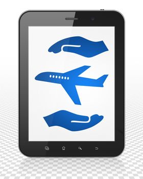 Insurance concept: Tablet Pc Computer with blue Airplane And Palm icon on display