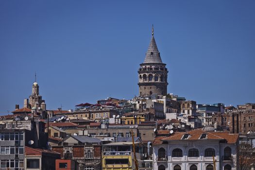 Colorful Galata Tower and neighborhood in European Istanbul 