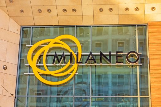 Stuttgart, Germany - November 1, 2015: Logo of the Milaneo Shopping Mall - it was opened at October 9 in 2014. It is the largest mall in South Germany.