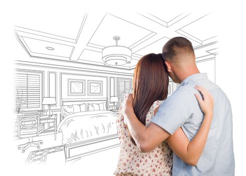 Curious Young Military Couple Looking Over Custom Bedroom Design Drawing.