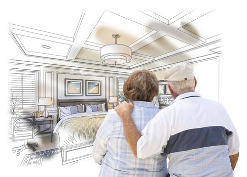 Curious Senior Couple Looking Over Custom Bedroom Design Drawing Photo Combination.