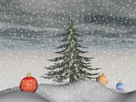 Magnificent Christmas baubles and a fir tree in the landscape