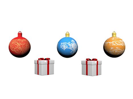 Three Christmas baubles of different colors and two presents
