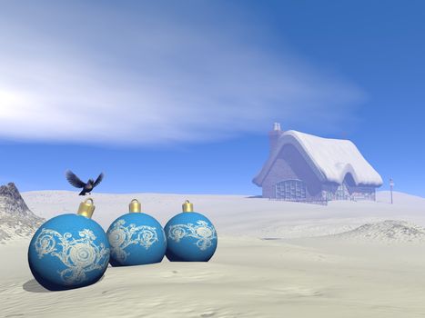 Christmas balls and cottage by beautiful winter day - 3D render