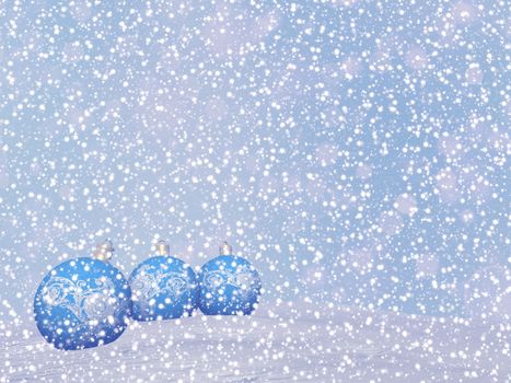 Blue Christmas balls by snowy winter day - 3D render