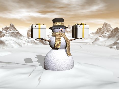 Snowman holding two big gifts while standing in the snow by winter sunset - 3D render