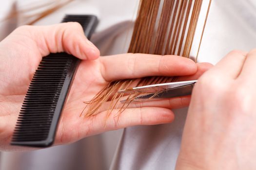 Hairdresser cutting the hair of a blonde woman