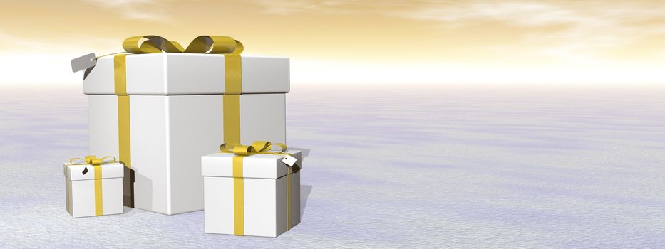 Three gifts with gold ribbon by sunset - 3D render