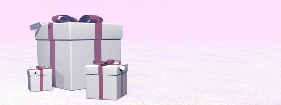 Three gifts with purple ribbon by sunset - 3D render