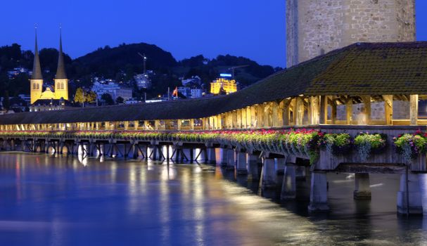 Chapel bridge or Kapellbrucke by night, Lucerne, Switzerland