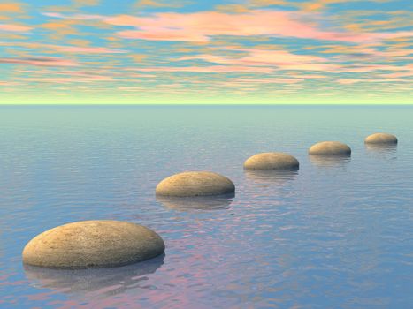 Grey stones steps upon the ocean by sunset - 3D render