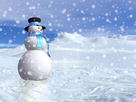 Snowman standing in the snow by winter blue day - 3D render