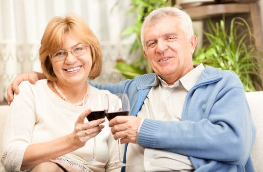 Happy senior couple toasting their anniversary with red wine at home ambient