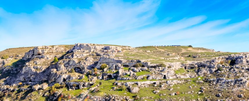 Landscape of rupestrian church. Sassi of Matera. Basilicata under blue sky