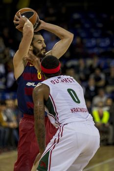 SPAIN, Barcelona: Barcelona Lassa fought it out until the very last moment against Lokomotiv Kuban, winning 72-68 in the Euroleague match at the Palau Blaugrana stadium in Barcelona on November 12, 2015. Barcelona's Pau Ribas in action.
