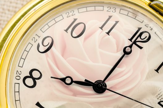 Composite of pink Roses and Clock. Love concept.