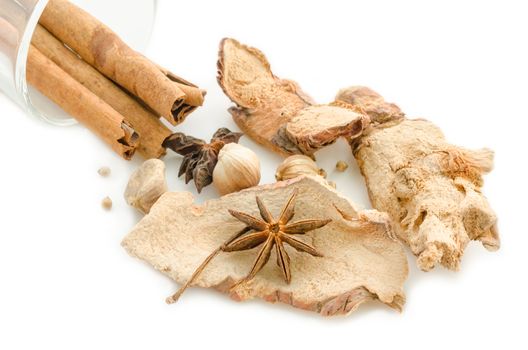 Various spices on a white background