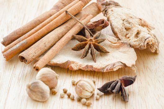 Various Spices on wooden background