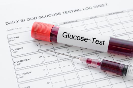 Daily blood glucose testing and sample blood in tube and syringe. Blood sugar control concept.