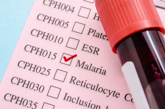 Sample blood tube on Malaria test form paper in laboratory.