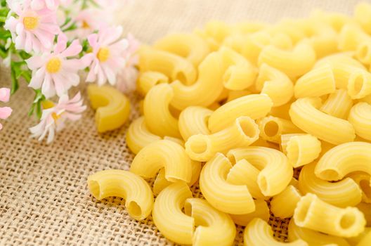 Elbow macaroni noodles with flower on sack background.