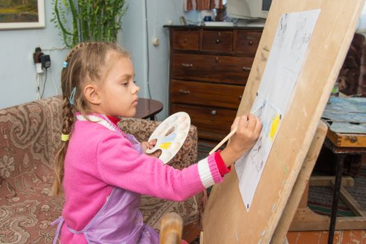 Five-year girl with a brush paints a picture on an easel and holding in his other hand in the artist's palette