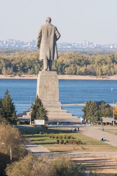 Volgograd, Russia - October 13, 2015: Aerial view of the alley leading to the central promenade and a huge statue of Lenin in the Krasnoarmeysk district of Volgograd
