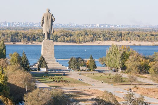Volgograd, Russia - October 13, 2015: Aerial view of the alley leading to the central promenade and a huge statue of Lenin in the Krasnoarmeysk district of Volgograd