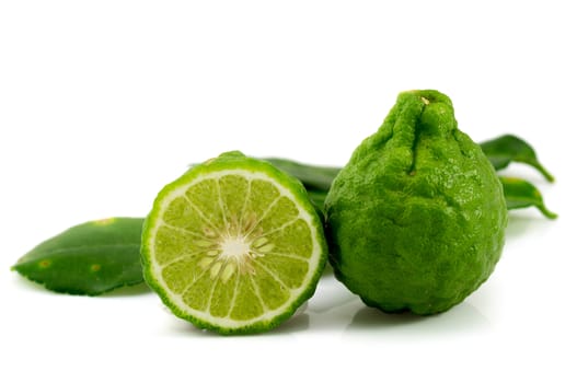 Kaffir lime fresh and leaf isolated on white background.