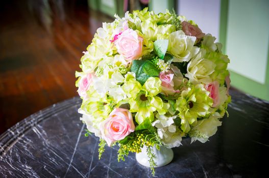 Fabric inlaid flowers on the table.