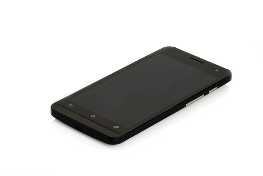 Black modern smartphone isolated on white background.