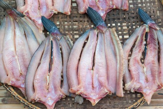 Dried fishs of local food at open market.