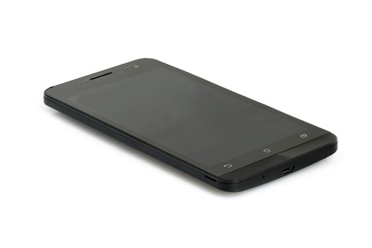 Black modern smartphone isolated on white background.