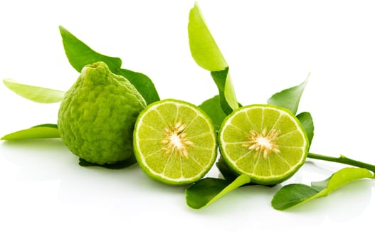 Kaffir lime fresh and leaf isolated on white background.