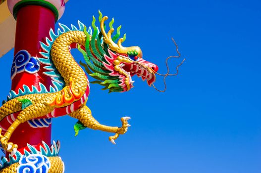 Chinese style dragon statue with blue sky.