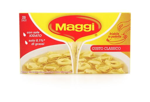 PULA, CROATIA - NOVEMBER 10, 2015. Maggi cubes, Owned by Nestle, Maggi is an international brand of soups, stocks, bouillon cubes, ketchups, sauces, seasonings and instant noodles.