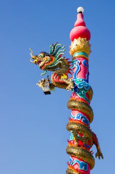 Chinese style dragon statue with blue sky.