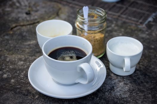 Coffee Espresso. Cup Of Coffee  on wood background.