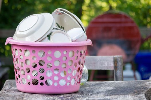 Empty dish in basket.