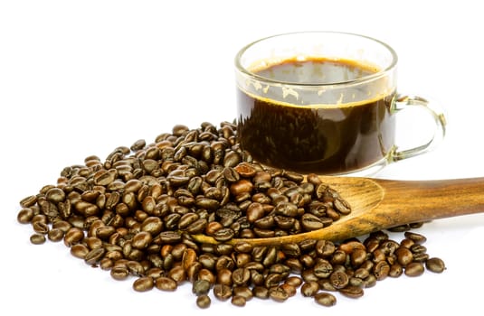 coffee beans and coffee cup isolated on white background.