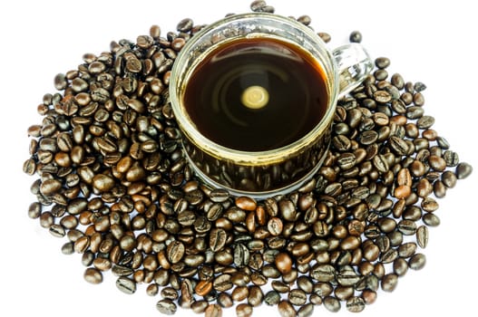 coffee beans and coffee cup isolated on white background.