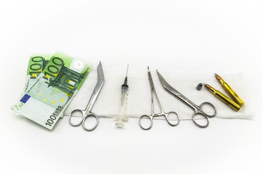 surgical instruments, syringe, ammunitions, money