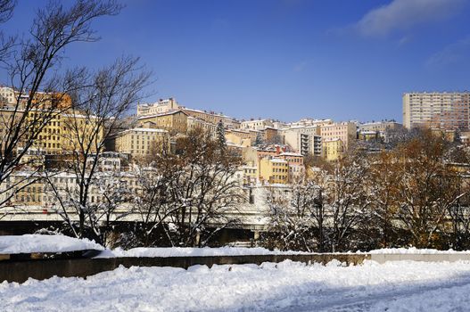 Lyon city in winter, Rhône river and Croix-rousse district, France