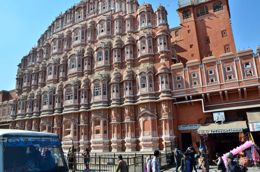 Jaipur, India - December 29, 2014: Unidentified tourists visit Hawa Mahal  in Jaipur, UNESCO World Heritage on December 29, 2014, Rajasthan, India