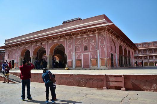 Jaipur, India - December 29, 2014: People visit The City Palace complex on December 29, 2014 in Jaipur, India. It was the seat of the Maharaja of Jaipur, the head of the Kachwaha Rajput clan. 