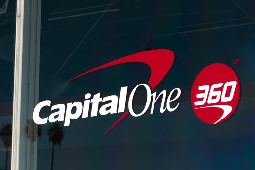 LOS ANGELES, CA/USA - NOVEMBER 11, 2015: Capital One 360 bank exterior and logo. Capital One Financial Corporation is an American bank holding company.